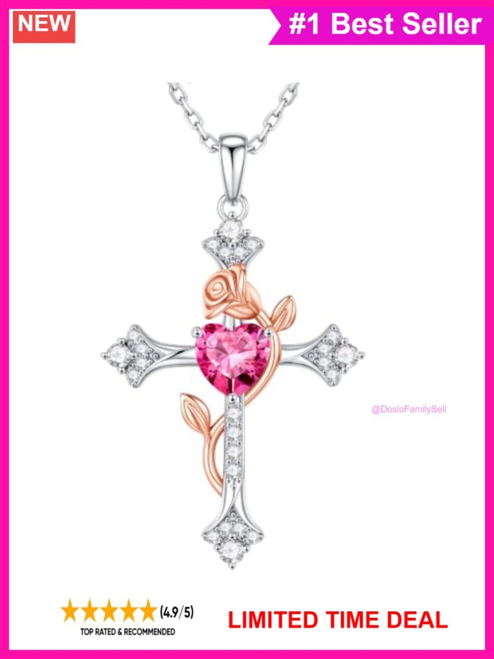 Sterling Silver Heart Birthstone Cross Pendant Necklace